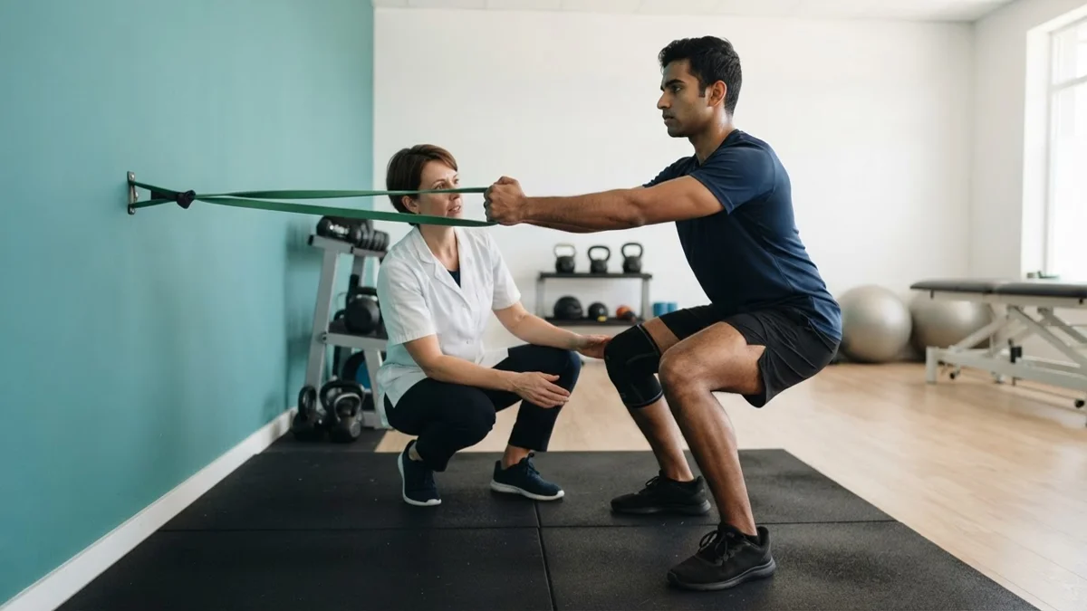 Athlete performing resistance band knee strengthening exercise during ACL rehab supervised by physiotherapist in Noida
