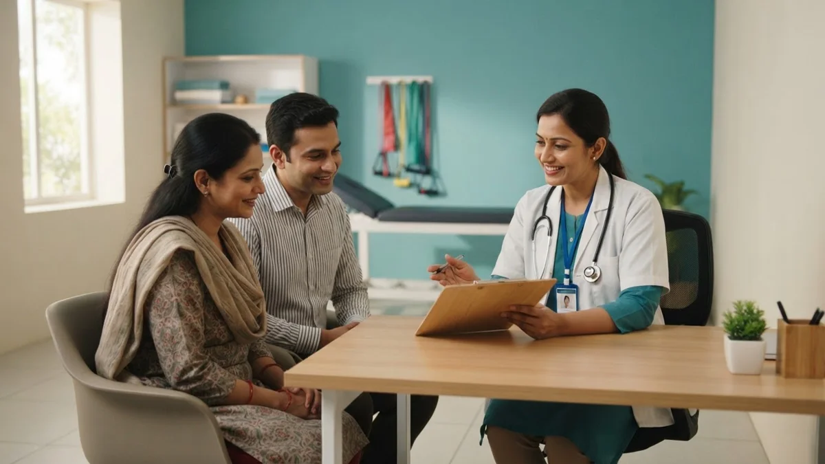 Physiotherapist explaining a treatment plan to patients at Dynamics Mend physiotherapy clinic Sector 52 Noida