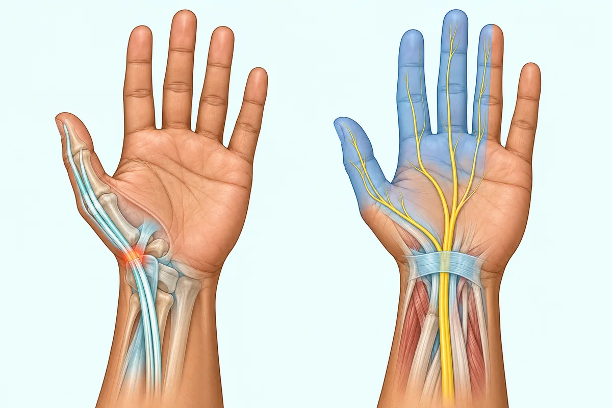 Diagram of two hands: De Quervain’s pain on the thumb side of the wrist, and carpal tunnel tingling in the thumb, index, middle and half the ring finger
