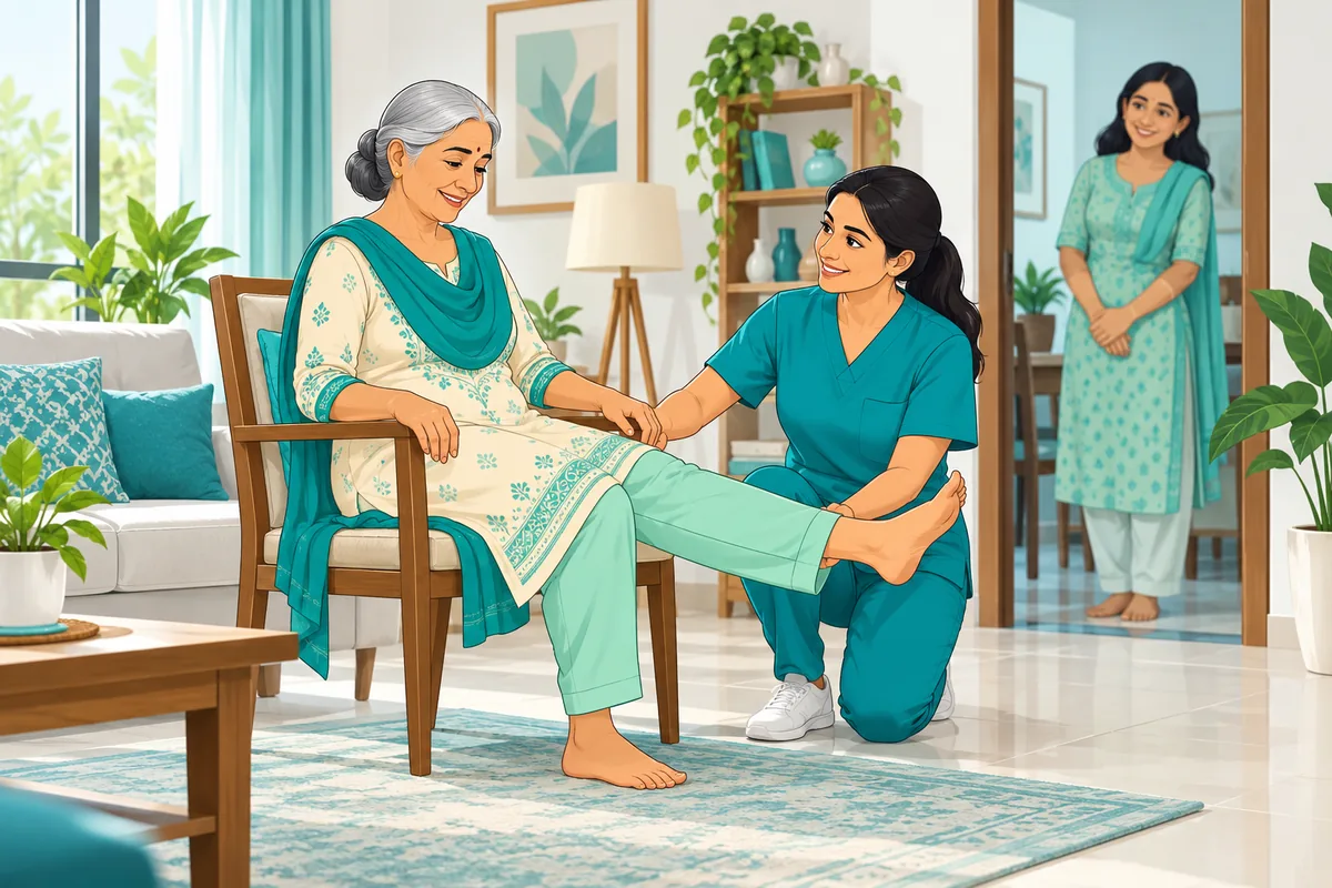 Illustration of a female physiotherapist guiding an older woman through a seated knee exercise at home