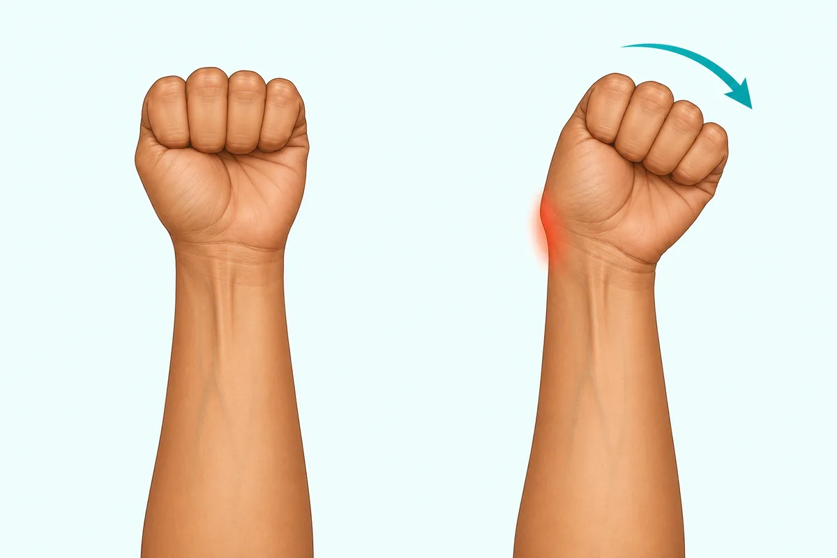 Illustration of the thumb-in-fist test for De Quervain’s: thumb tucked into the fist and wrist bent towards the little finger