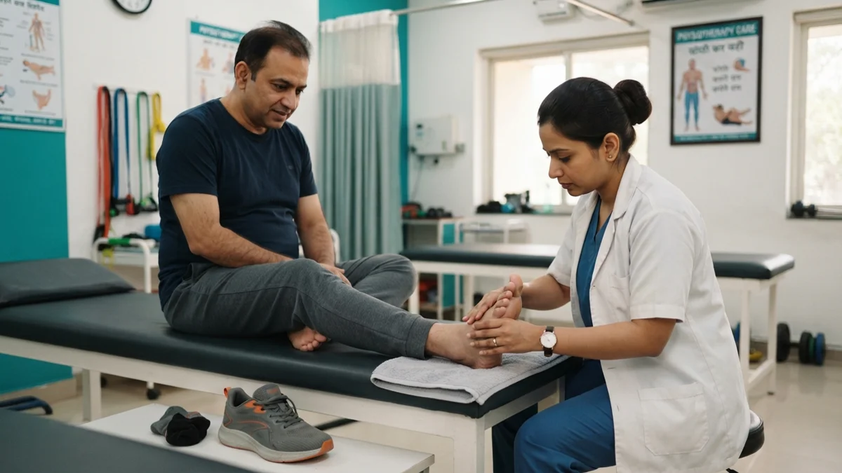 Physiotherapist examining a patient's heel for plantar fasciitis at Dynamics Mend clinic Noida