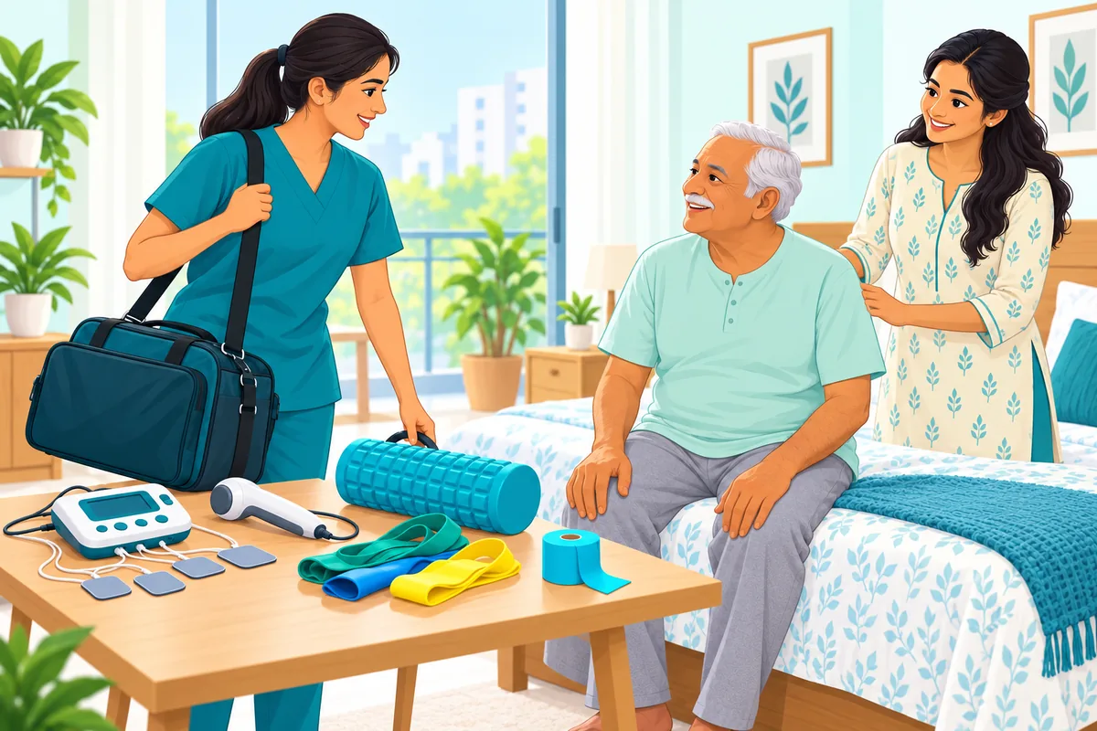 Illustration of a physiotherapist arriving at a Noida home with portable physiotherapy equipment