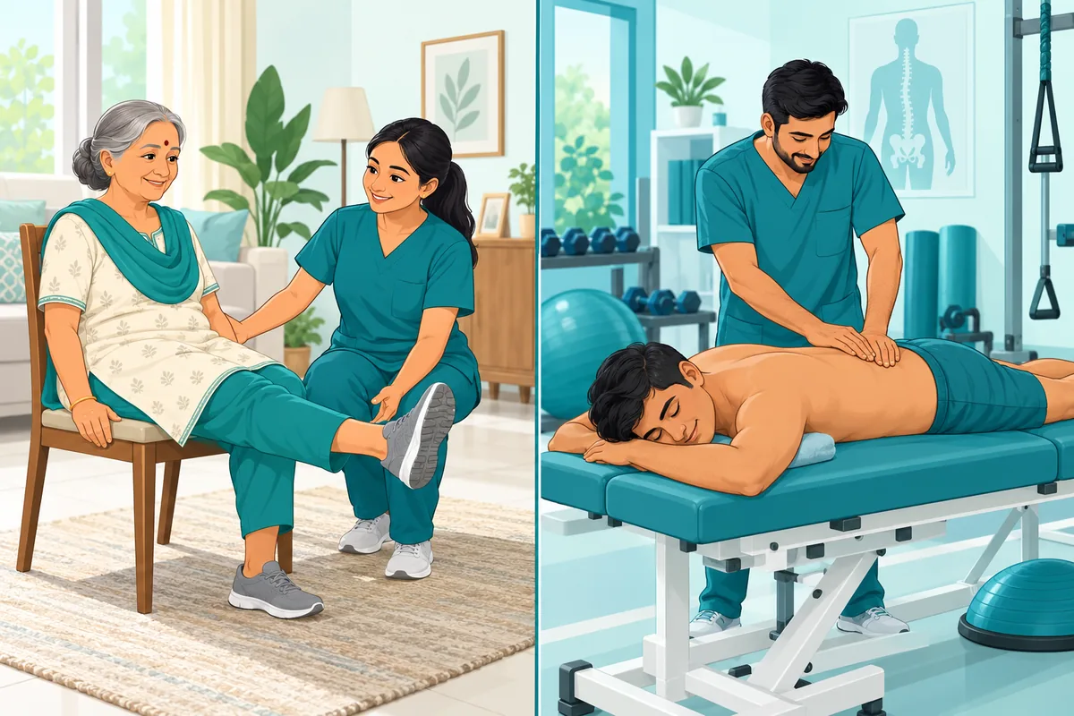 Illustration comparing physiotherapy at home with physiotherapy at a clinic