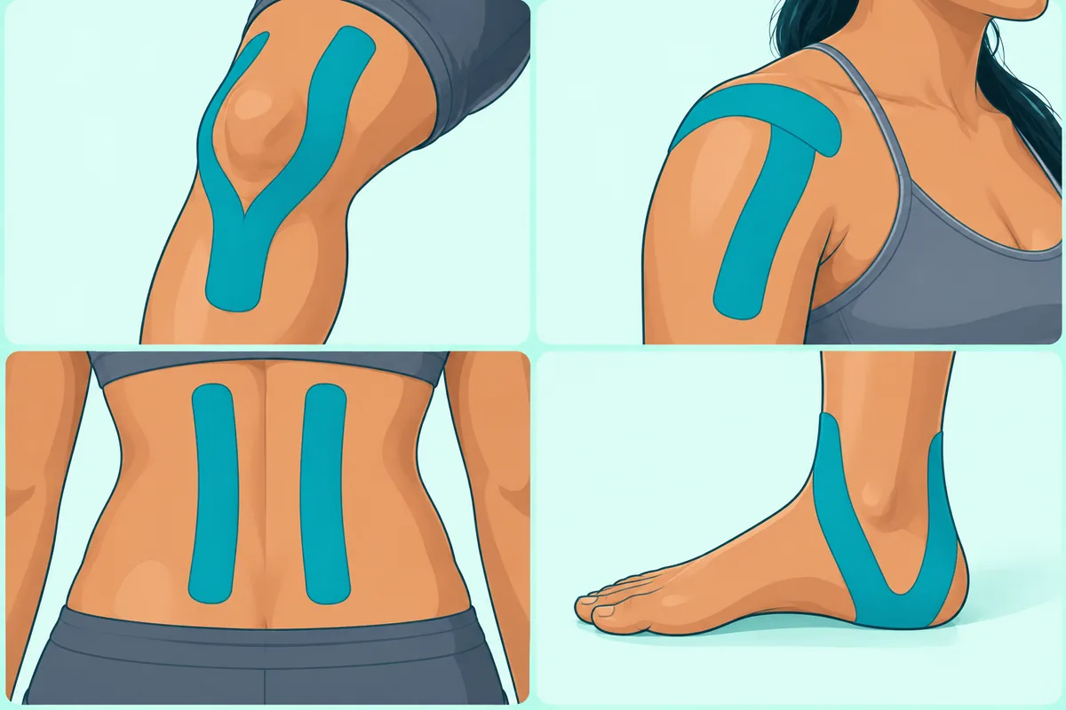 Illustration of kinesio taping patterns on the knee, shoulder, lower back and ankle