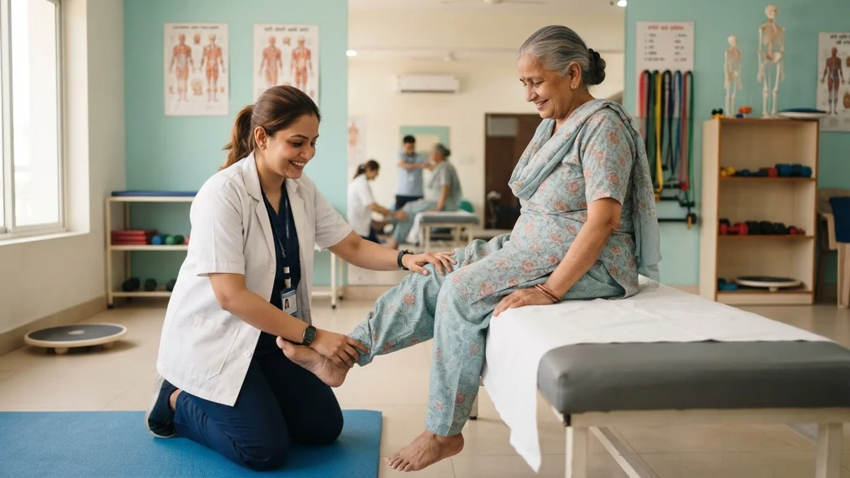Physiotherapist guiding an elderly woman through knee strengthening exercise for osteoarthritis at Dynamics Mend Noida