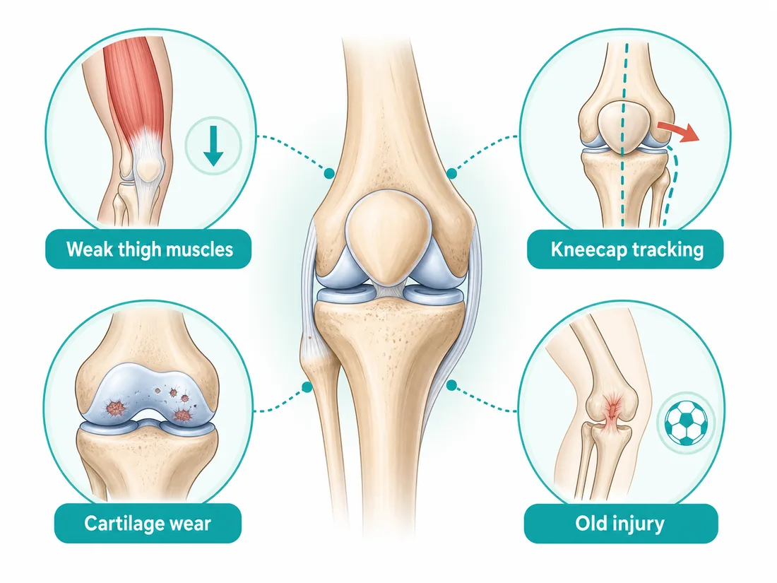 Common causes of knee pain treated in Noida, weak thigh muscles, kneecap tracking problems, cartilage wear and old injuries