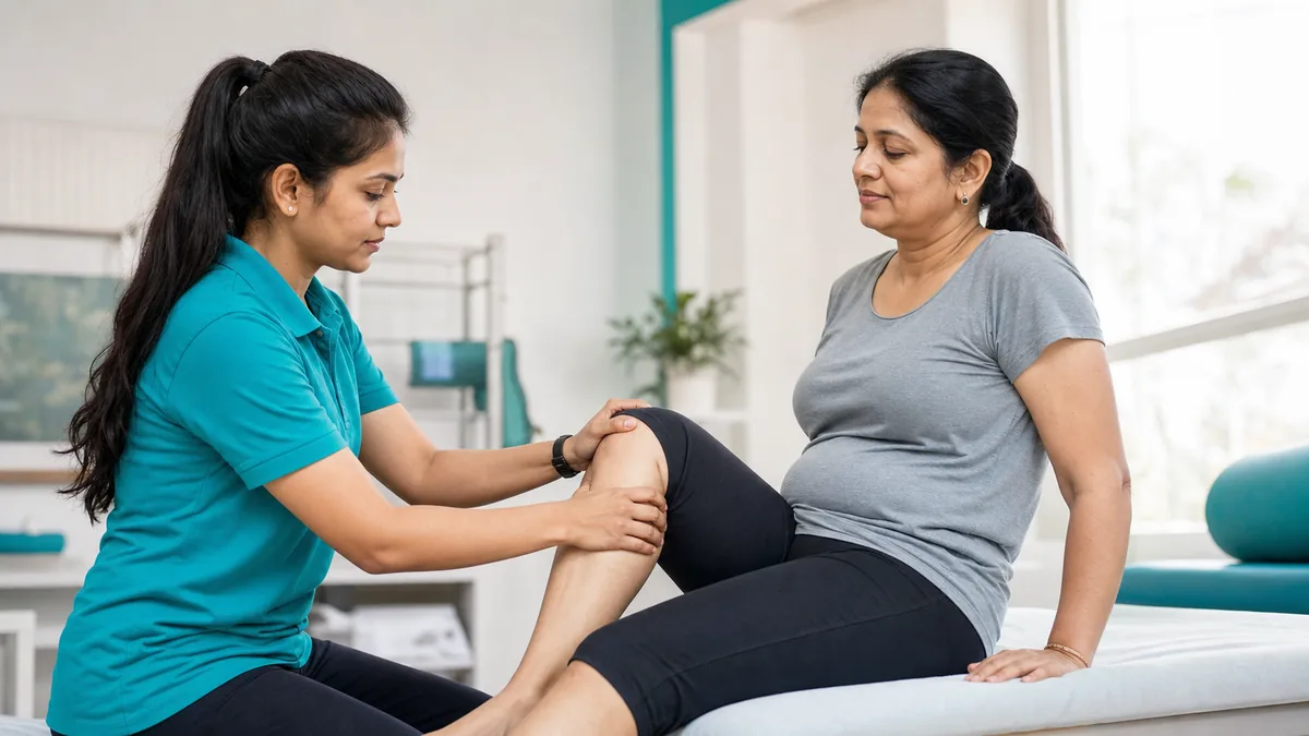 Knee pain treatment in Noida, a Dynamics Mend physiotherapist assessing a patient's knee at the Sector 52 clinic