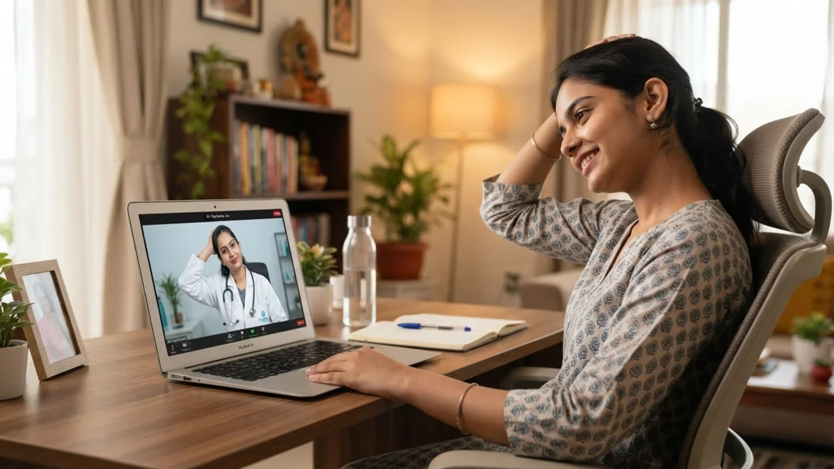 Patient doing an online physiotherapy video consultation with a Dynamics Mend physiotherapist demonstrating a neck stretch