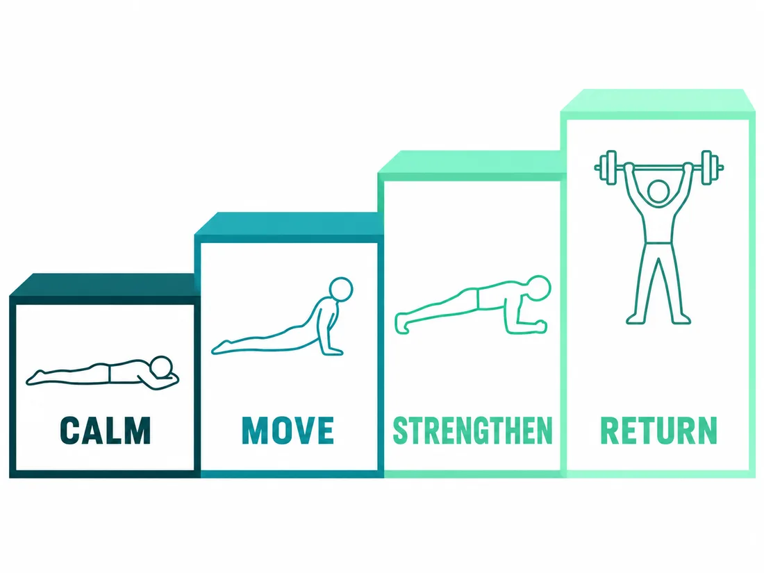 PIVD exercise progression diagram showing the four stages, acute relief, movement restoration, strengthening and return to function