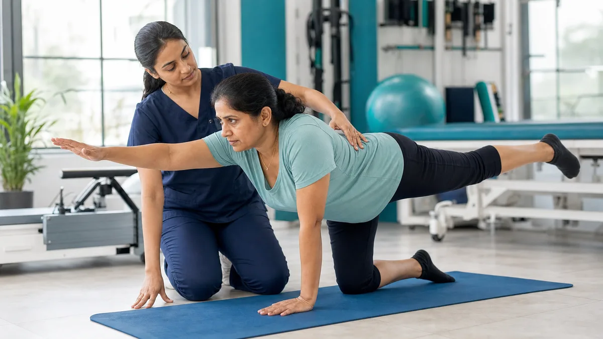 PIVD physiotherapy exercises in Noida, a Dynamics Mend physiotherapist guiding a patient through stage-wise slip disc rehabilitation