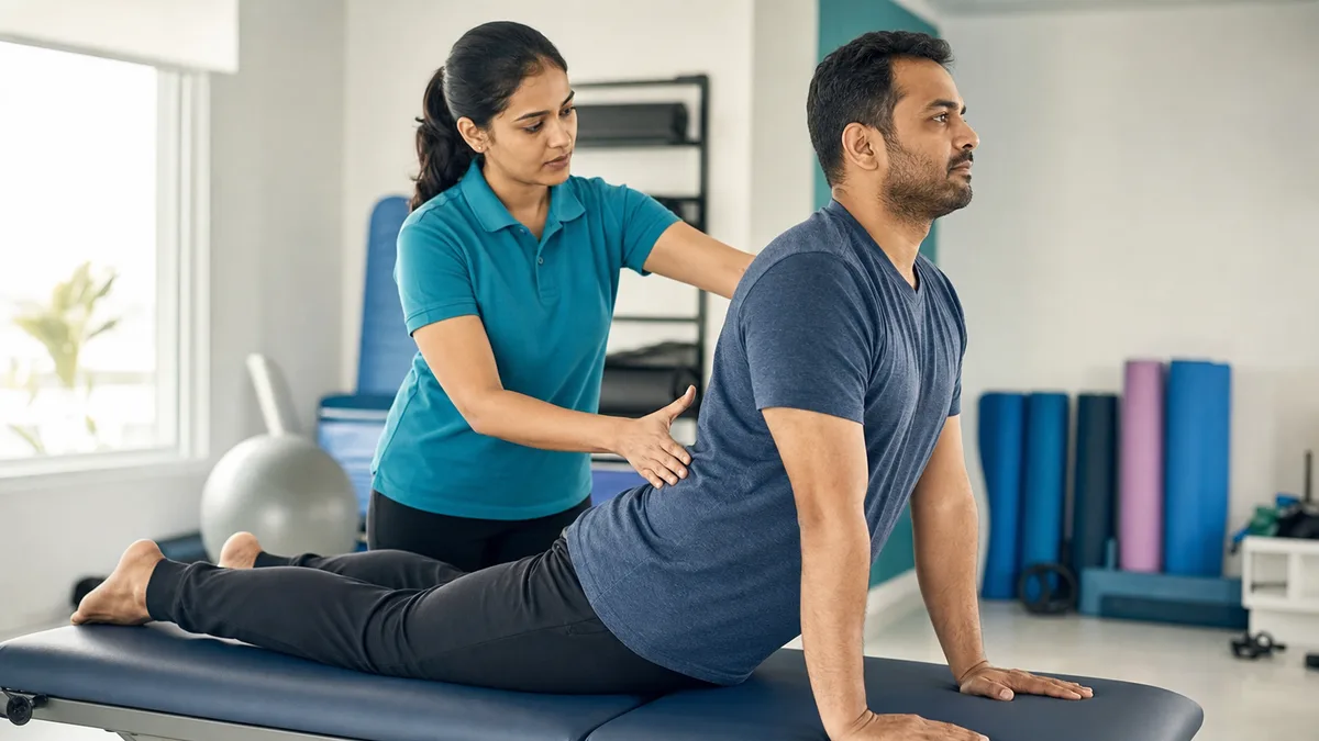 McKenzie extension exercise for PIVD at Dynamics Mend Noida, physiotherapist guiding press-up movement for slip disc recovery