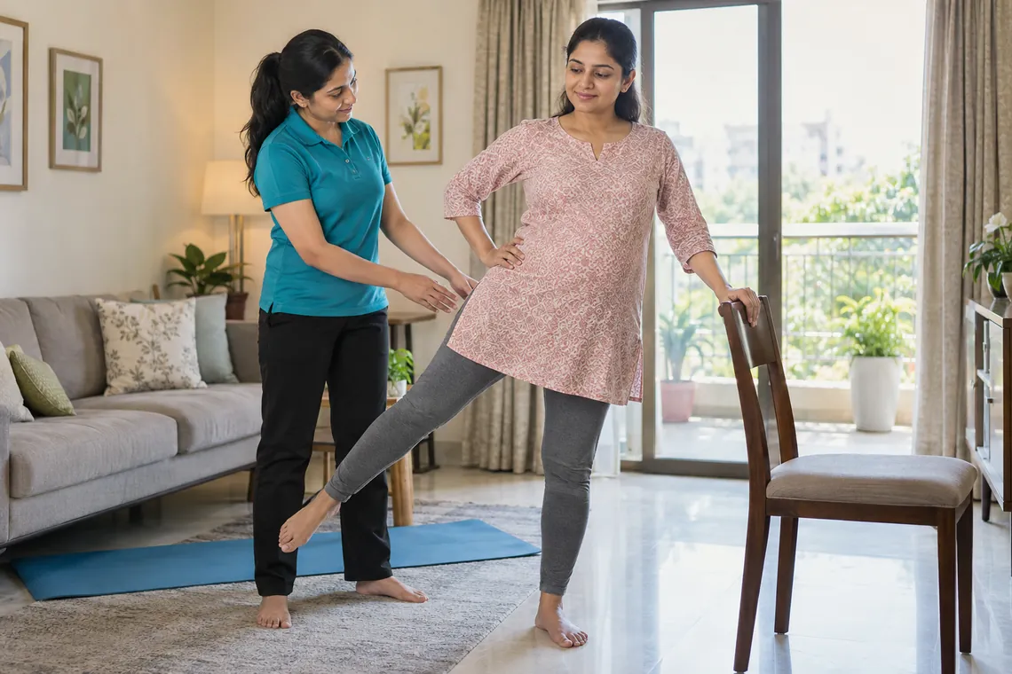 Pregnancy physiotherapy at home in Noida: supported standing hip exercise with a physiotherapist