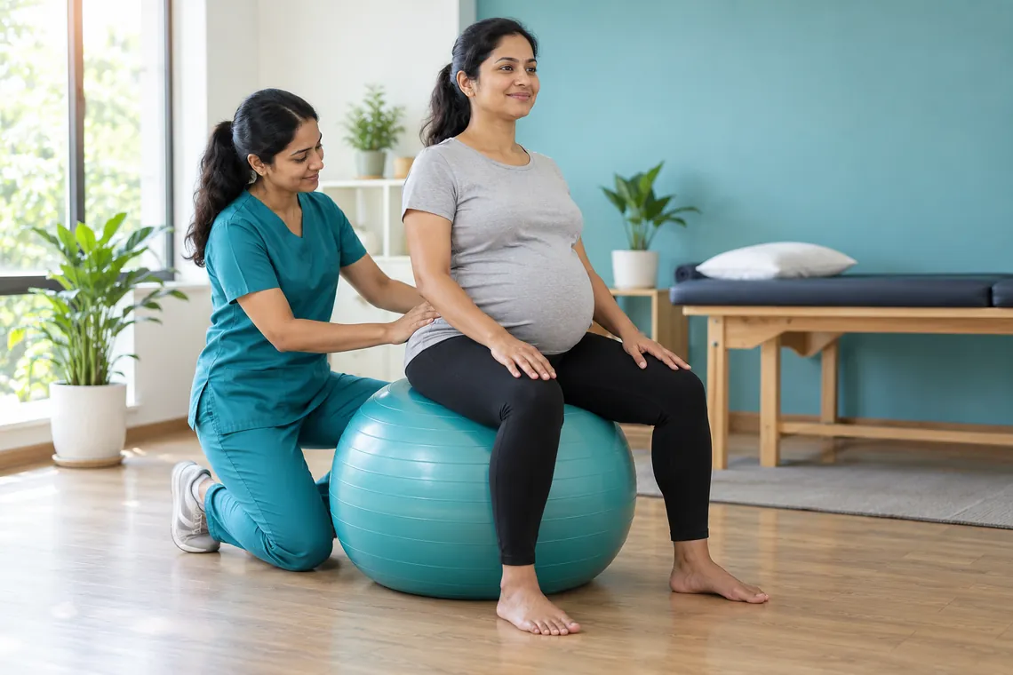 Pregnancy physiotherapy in Noida: seated posture exercise on an exercise ball with a female physiotherapist