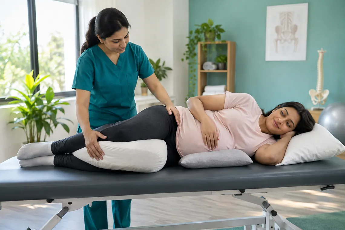 Side-lying position with a pillow between the knees and under the bump, used for pelvic girdle pain in pregnancy