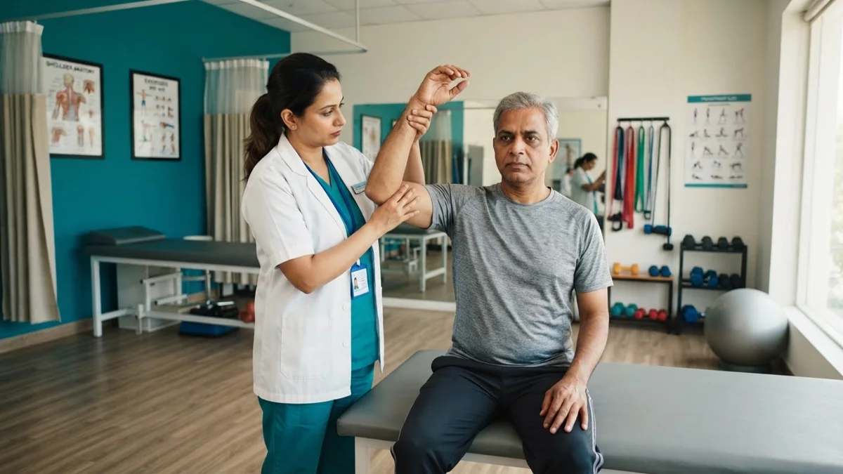 Physiotherapist assessing shoulder range of motion of a patient at Dynamics Mend clinic Noida