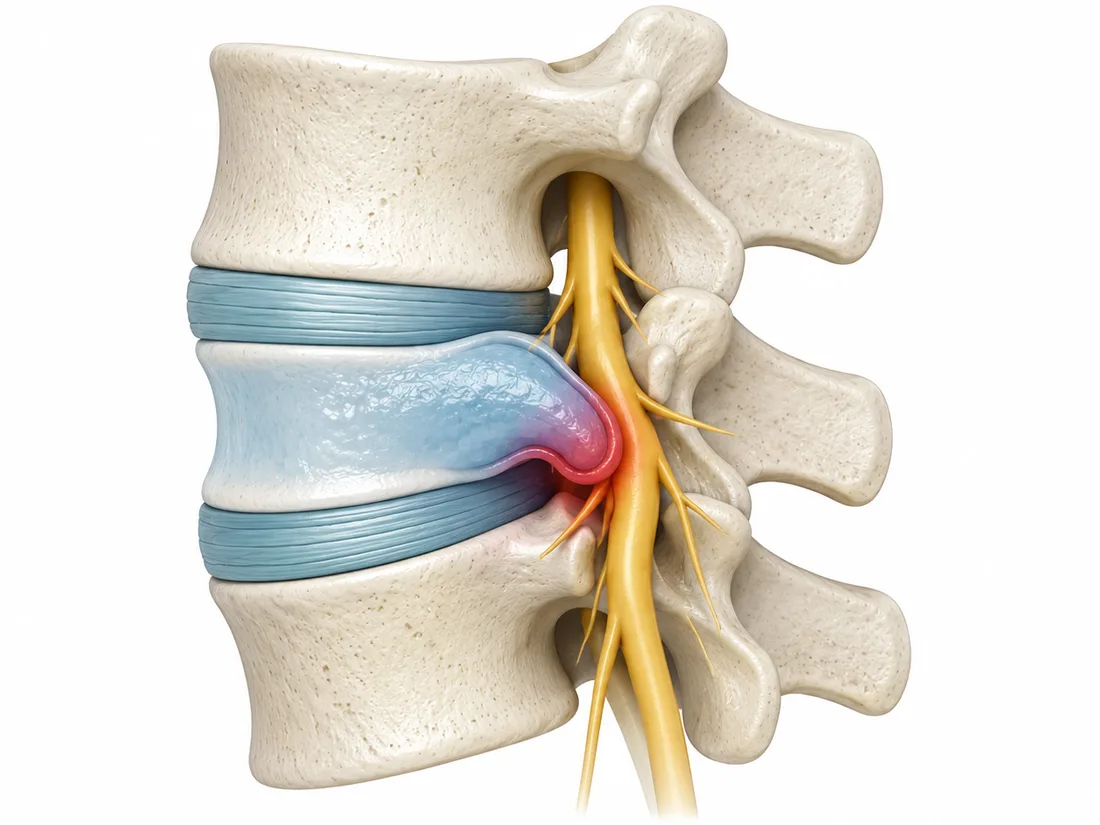 Diagram of a slip disc explained, herniated disc material pressing on a spinal nerve and the body reabsorbing it over time