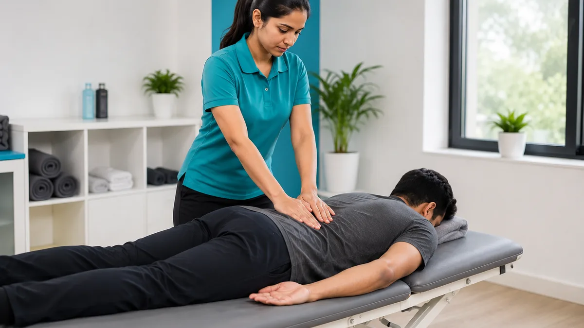 Slip disc treatment without surgery in Noida, a Dynamics Mend physiotherapist treating a patient's lower back at the Sector 52 clinic