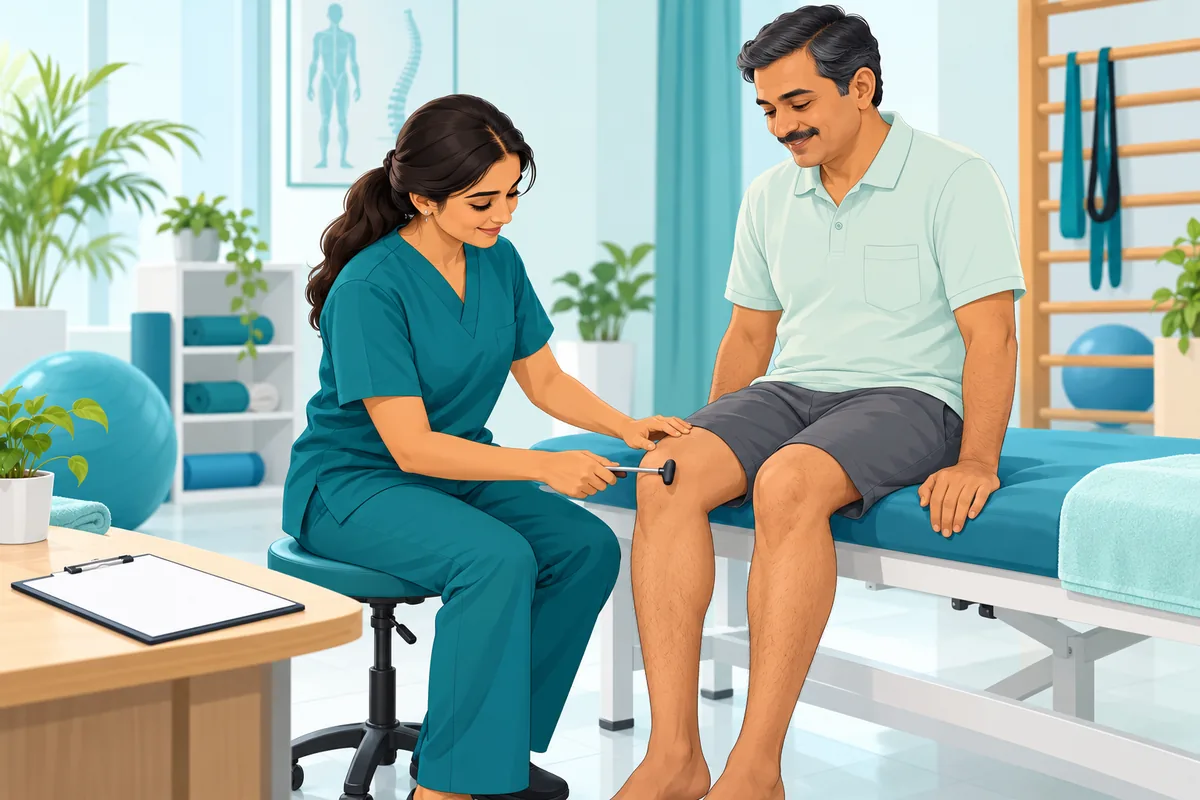 Illustration of a physiotherapist checking reflexes and asking safety questions before spinal manipulation