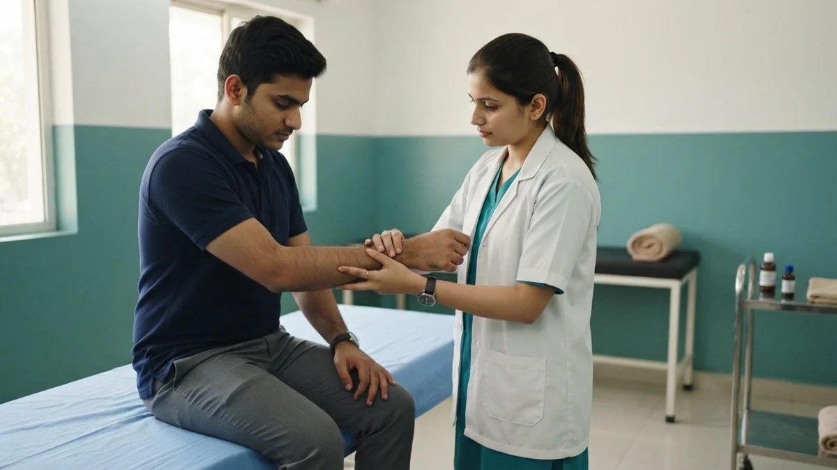 Physiotherapist performing tennis elbow assessment test on a patient's forearm at Dynamics Mend Noida