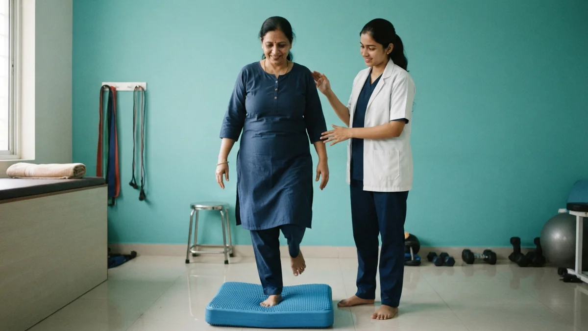 Physiotherapist supervising balance training on a foam pad for vertigo treatment at Dynamics Mend Noida
