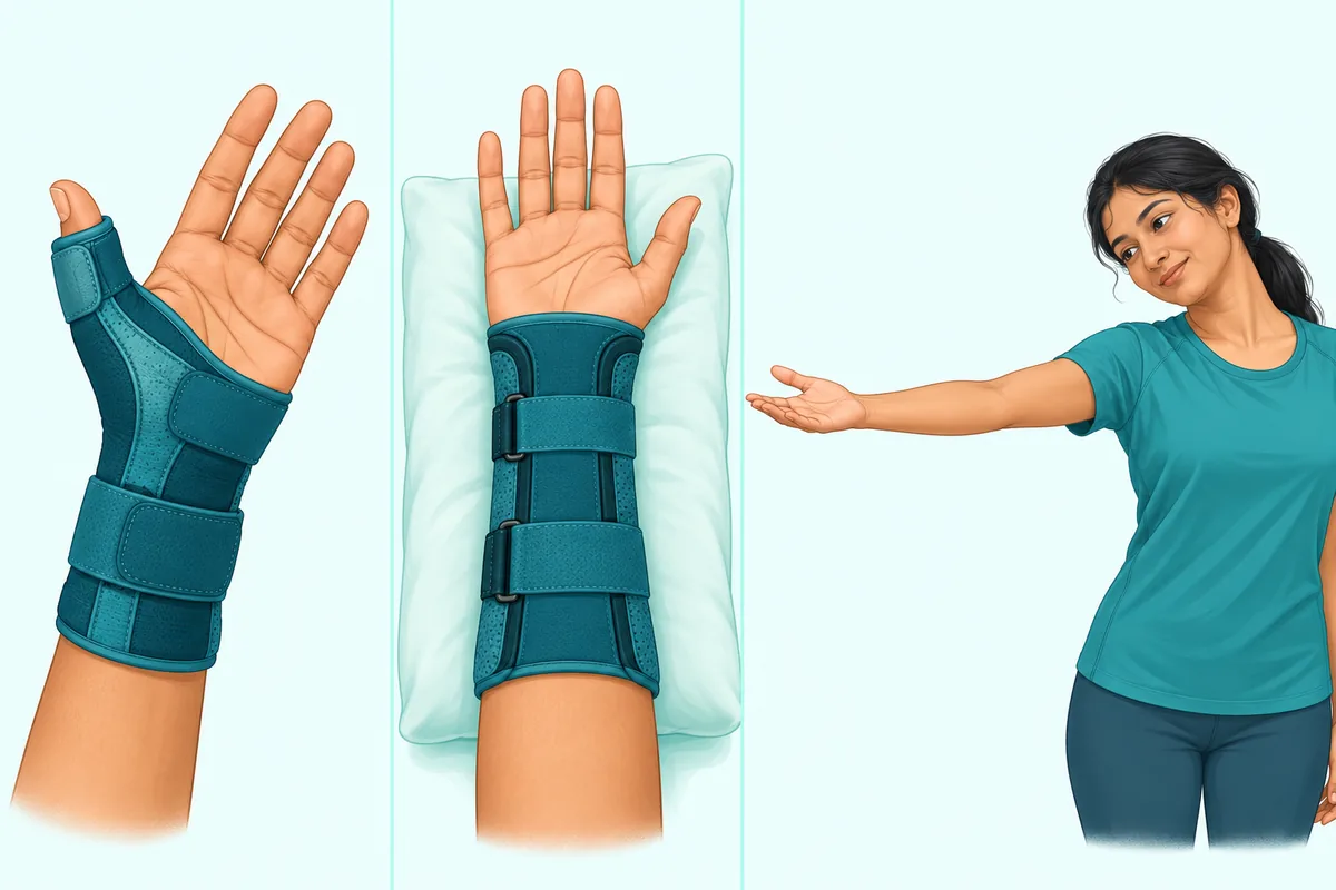 Illustration of a thumb splint, a night wrist splint and a median nerve glide exercise